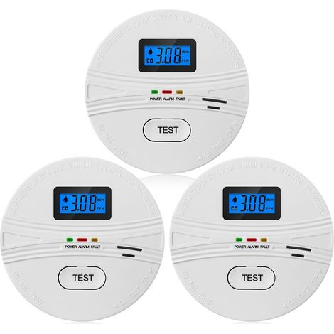 Détecteur de fumée et monoxyde de carbone 2 en 1, pack de 3, avec écran LCD, alarme sonore 85dB, portable, piles AA non incluses, blanc (1/4)