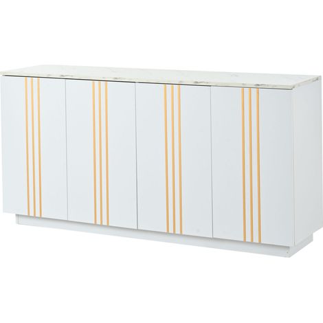Wohnzimmer-Sideboard, Aufbewahrungsschrank mit 4 Türen, 35 x 140 x 70 cm.Design mit vergoldeten Linien,Spind mit verstellbaren Trennwänden,Kabinett,Geeignet für Wohnzimmer und Schlafzimmer,Weiß + Gold (1/5)
