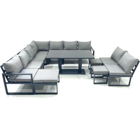 Fimous 12 Seater Outdoor Aluminum Garden Furniture Set Corner Sofa 3 Footstools Rising Lifting Dining Table Sets Dark Grey (1/5)