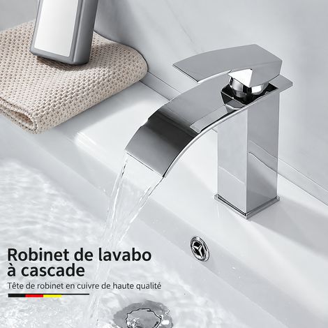 Mitigeur Lavabo Cascade Inox, bec plat modèle bas argenté, avec 1 lot de 2 tuyaux d'arrivée d'eau standard domestique et Asie du Sud-Est, 1,2 kg – Livraison gratuite (1/3)