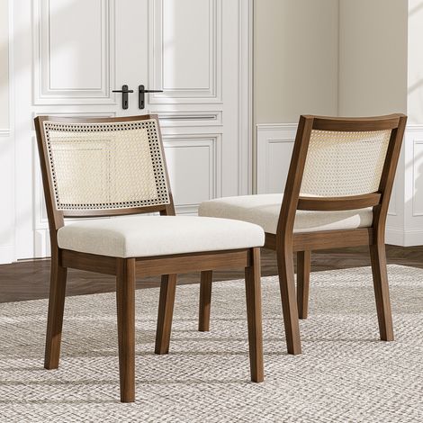 Dos sillas de comedor de madera maciza con respaldo de ratán, cómodas y transpirables, ideales para comedores, salas de estar y cafeterías. Estilo moderno. Acabado en lino y nogal.