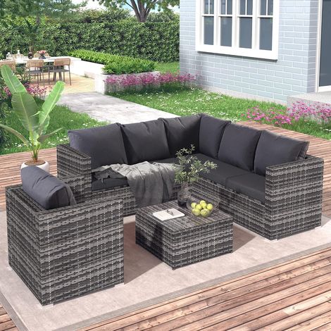 Corner rattan sofa with single sofa and coffee table, 6 seats with grey UV-resistant cushions and removable covers (1/5)