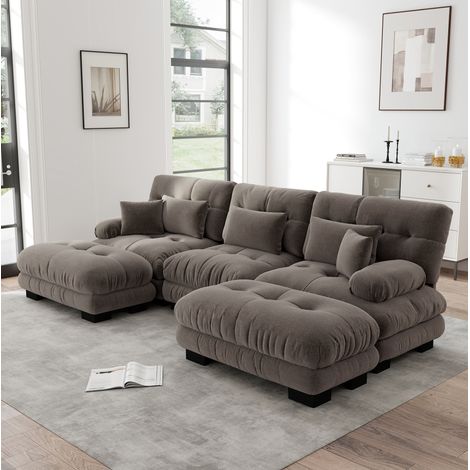 Canapé d'angle modulable convertible 313 x 145 x 81 cm en chenille marron HAVRYA (1/5)