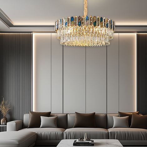 Luxus Designer Haengeleuchte Gold 75 cm runde Pendellampe mit Muschel und farbigen Kristallen E14 hoehenverstellbar elegante Deckenleuchte fuer Wohnzimmer