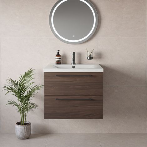 Napoli 460 Brown Oak 600mm Wall Mounted 2 Drawer Vanity Unit with Glide Basin - 600mm - Gunmetal Grey 320mm Handle