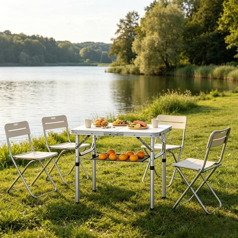Table pliante 60x40x60 cm en MDF et aluminium ivoire, gain de place pour camping FloraGrace (1/5)