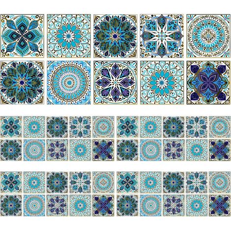 50 pièces Autocollants Carrelage Salle de bain et Cuisine 15x15 cm (Bleu) Autocollants Auto Marocains, Décoration Murale Adhésive en PVC, imperméable, Carreaux de ciment mosaïque Azulejos (1/5)