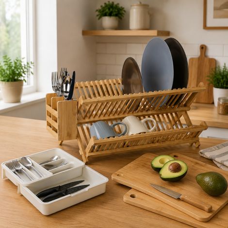 Juego de utensilios de cocina de bambú (3 piezas): bandeja para cubiertos, juego de tablas de cortar y escurridor de platos plegable (1/5)
