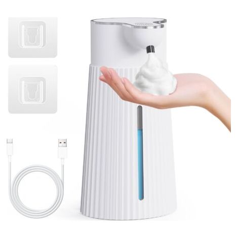BUNTHAUS Distributeur de savon électrique 400 ml avec capteur, distributeur automatique de savon mousse mural, 2 niveaux, blanc, USB, étanche IPX6, piles AA (1/5)