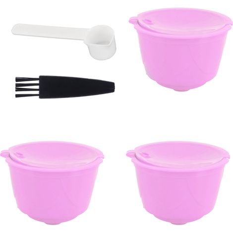 Nachfüllbares Set mit 3 wiederverwendbaren Kaffeefilterkapseln für die DOLCE GUSTO Maschine, lila, mit Löffel und Pinsel. (1/5)