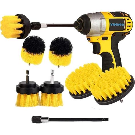 Brosse Nettoyage Perceuse 7 pièces, Brosse pour Perceuse Voiture Carrelage Tapis Baignoire Cuisine Toilettes Jaune (1/5)