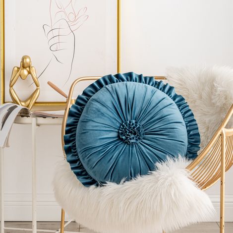 Coussin rond en velours hollandais à volants fleurs, jaune 35 cm, livré sous vide (1/5)