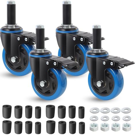 Roulettes pour meubles 100mm à tige extensible avec frein,adaptées aux tubes Ø23/28/34/40mm, capacité 500 kg pour chariot et tables inox pivotantes, bleues, lot de 4 (1/5)