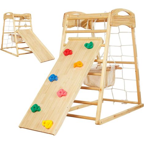 7 in 1 Wooden Indoor Playground for 2-5 Years Old Kids Montessori Climbing Triangle Baby with Swing/Slide/Rock Net/Ladder/Monkey Bars/Gymnastics Rings (1/5)