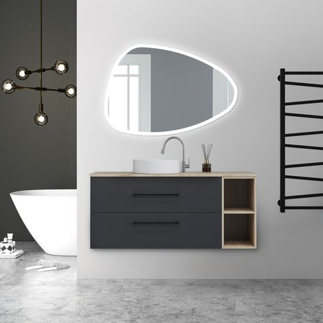 AICA Ensemble de meubles de salle de bain Suspendu avec Vasque + 2 Rangements Ouverts, 120x46x52cm, Miroir 120x80cm Asymétrique Tricolore