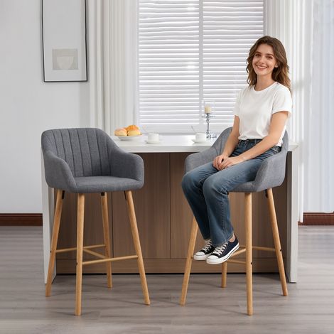 Barhocker 58,5 x 55 x 104 cm - 2er-Set moderne Barstühle mit hoher Rückenlehne und Armlehnen - nordischer Stil für Küche und Kochinsel - Leinen - Grau
