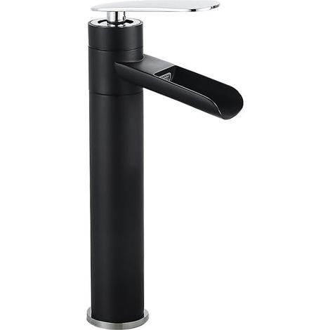 Grifo de baño de un solo orificio con grifo de agua fría y caliente, negro y plateado, grifo de lavabo de baño alto de un solo orificio (1/5)
