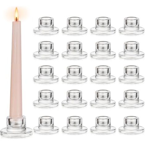 Candelabros de vidrio para velas cónicas: Juego de 20 candelabros pequeños para velas cónicas, candelabros de vidrio transparente para decoración de mesas navideñas, candelabros para bodas y cumpleaño
