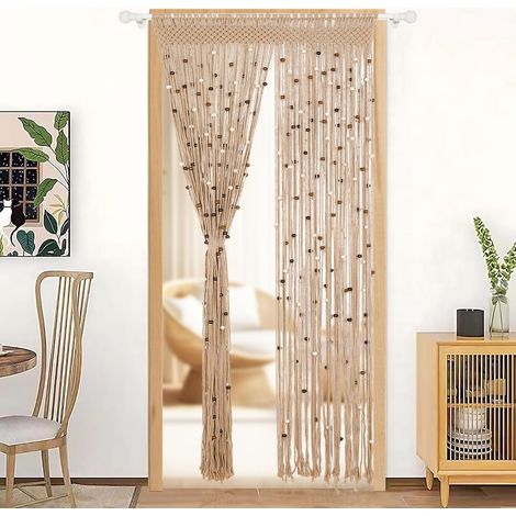 Rideau de perles en macramé fait à la main en coton pour porte, fenêtre, perles en bois et pompons à suspendre, séparateur de pièce, couloir, placard, chambre à coucher, décoration d'intimité (1/5)