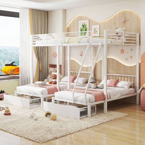 Lit superposé enfant triple en metal avec 2 tiroirs,un lit double 140x200 cm e deux Lits simple 90x200cm,fer Lit mezzanine enfant,sans matelas,Blanc (1/5)