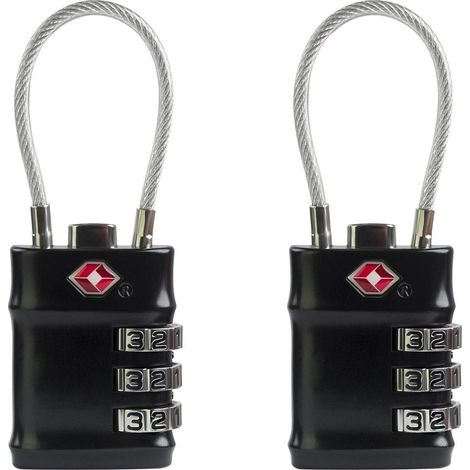 Cadenas à combinaison TSA avec câble, lot de 2, 3 chiffres, Noir