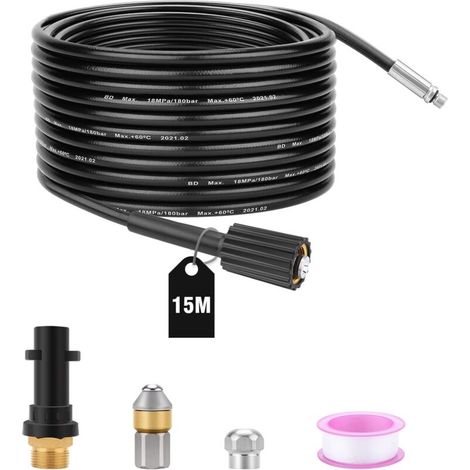 Tuyau de nettoyage de tuyaux 15 m 180 bar / 2610 PSI Kit de nettoyage de tuyaux pour nettoyeur haute pression Kärcher k2-k7 (1/4)