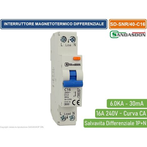 SANDASDON INTERRUTTORE MAGNETOTERMICO DIFFERENZIALE SALVAVITA PER BARRA DIN 1 MODULI 1P+N 16A C16 240V 30mA 6KA (1/2)
