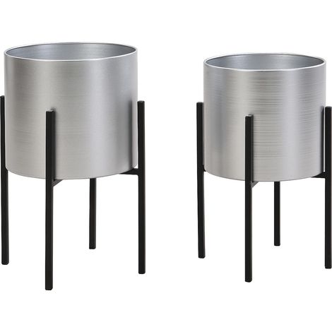 Lot de 2 cache-pots sur pied en métal - D.25 x H.39 et D. 23 x H.35.5 - Argenté et noir - EDMEE