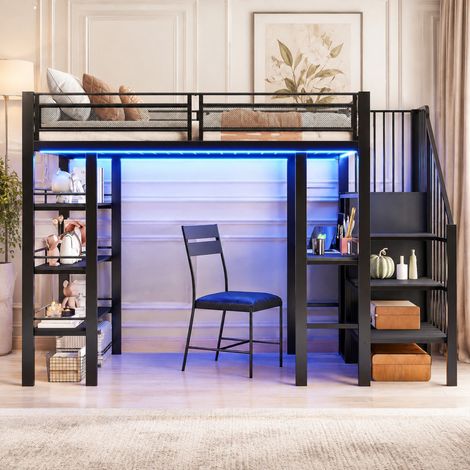 Hochbett 90x200 cm schwarz aus Metall mit Schreibtisch, Regal, Leiter, LED-Lichtleiste und Stauraum (1/5)
