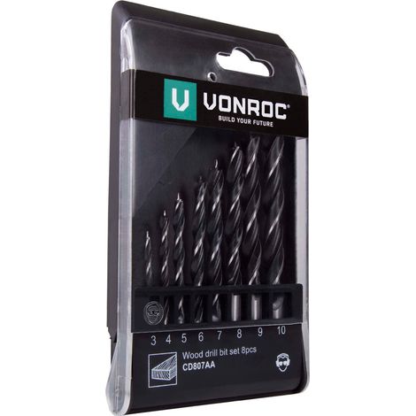 Vonroc – Mèche à bois pour perceuse – Set de 8 mèches 3 à 10 mm – HSS4241 pour bois dur – Sac de rangement inclus (1/3)
