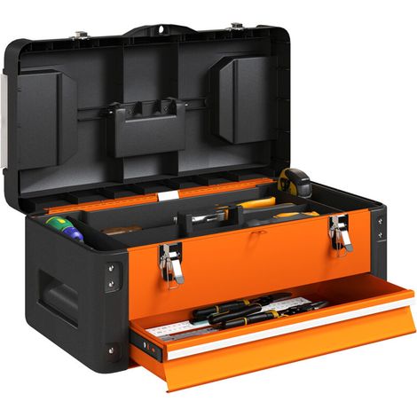 Boîte à outils vide, 49,7 x 25,3 x 23 cm, boîte à outils avec tiroir, mini-boîte, acier, orange (1/5)