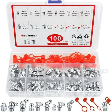 100 Pièce Graisseur m6 m8 m10, Nickelé Filetage Mâle Graisseurs 45°90°180°, Assortiment de Graisseurs avec Couvercle & Boîte en Plastique, Raccords de Graisse pour Équipement Mécanique (1/4)