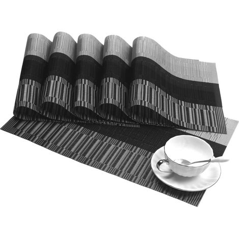 Set mit 6 wasserdichten PVC-Tischsets, rutschfest und hitzebeständig, pflegeleicht und faltbar, 45 x 30 cm (braun-schwarz getönt) (1/5)