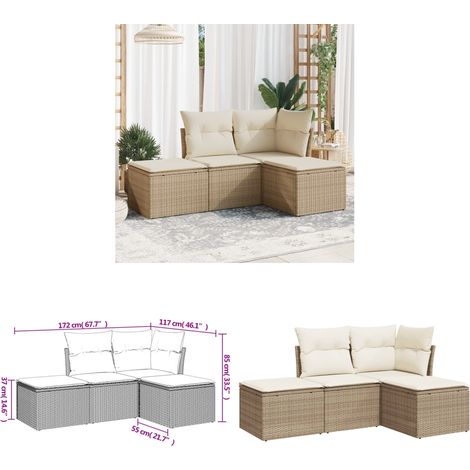 4-tlg. Garten-Sofagarnitur mit Kissen Beige Poly Rattan - Gartensortiment - Gartenmöbelset - PE-Rattan Möbel - Lounge Set - Esszimmergarnitur - Home & Living (1/3)