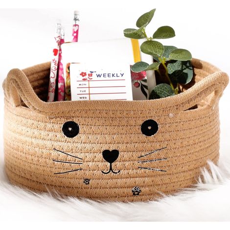 Panier de Rangement Design Chat en Corde de Coton (21x12 cm), Corbeille Mignonne Kaki pour Jouets et Animaux