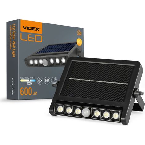 Lámpara de pared solar LED negra con sensor de movimiento, 600 lm, IP54, WLSO Videx (1/5)