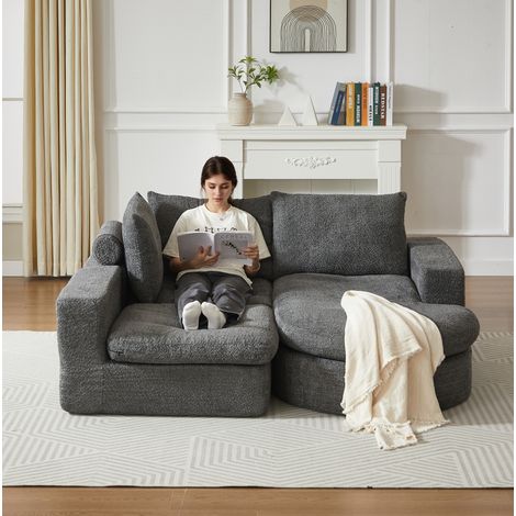 Sofá angular modular 4 plazas con chaise longue reversible, tapizado en chenilla, gris (1/5)