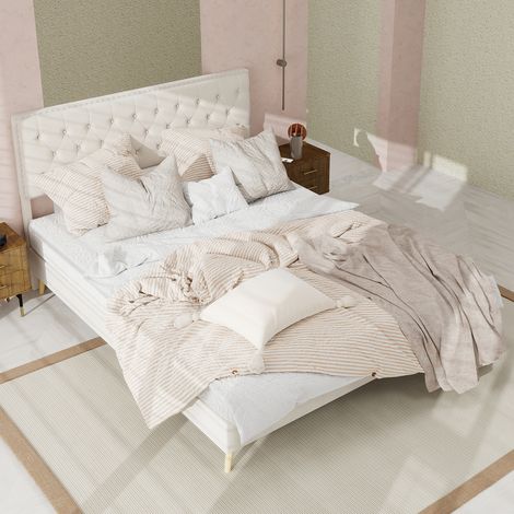 Lit moderne minimaliste rembourré, tête de lit confortable et douce, 140200CM, beige, meuble de chambre multifonctionnel, cadre de lit bas sans barre de relevage, matelas non inclus. (1/5)
