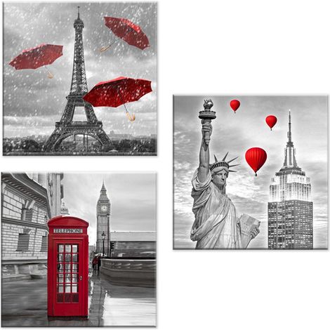 Lupia - Set 3 Quadri su Tela CANVAS DAY CITY RED 38x38 cm citta' in rosso, Stampa Vivida, Pronto da Appendere, Decorazione per Soggiorno, Capezzale Testiera Camera da Letto, Cucina, Ufficio (1/4)