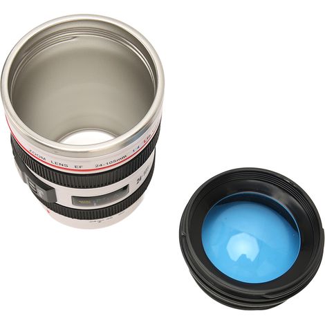 Mug isotherme en acier inoxydable ABS, motif objectif appareil photo, idéal pour la maison, les voyages et le bureau. Noir et blanc. (1/5)