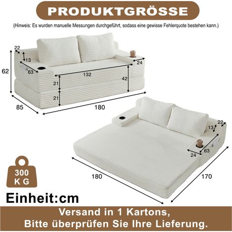 Divano letto in velluto a coste dal design 2 in 1, dotato di due cuscini decorativi, portabevande integrati sui braccioli e tasche portaoggetti su entrambi i lati – ideale per il soggiorno, la camera (1/5)