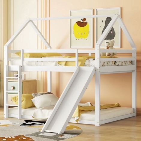 Lit Superposé Enfant - SOGEU - Cabane 140x200 cm - Toboggan & Échelle - Bois de pin massif (1/5)