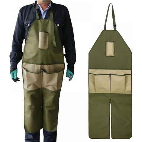 (Army Green + Khaki Pocket)Long Gardener Apron with Leg Protection, Work Apron with Multiple Tool Pockets Ideal for Gardening, DIY, Carpenter, Garage, Workshop (1/5)