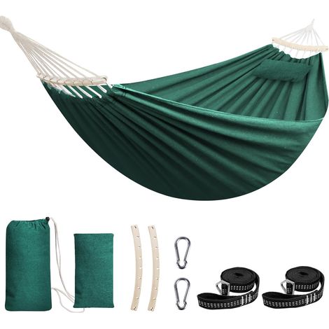 Coton Hamac Grand hamac Souple Respirant Hamac de Camping Peut Supporter jusqu'à 300KG Hamac d'arbre Portable avec Barre d'écartement détachable Oreiller 2 Sangles Solides 2 mousquetons