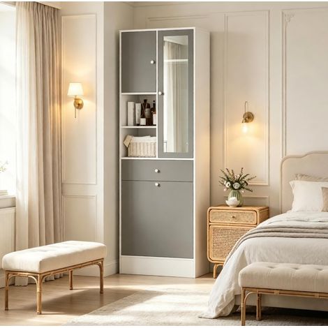 Colonna bagno 62x28,3x181 cm bianco/grigio con cesto biancheria - MEUBLIV (1/5)
