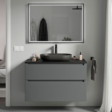 BERNSTEIN - Meuble sous vasque suspendu MDF Anthracite mat, plan vasque Noir mat, tiroirs pivotants - 80x46x62cm - VIREO (1/5)