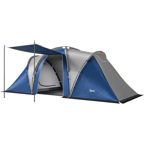 Tente de Camping Double Couche Tunnel Familiale 4-5 Personnes 2 Chambres et Séjour, pour 12 Personnes Bleu