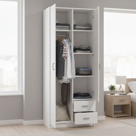 Guardaroba 2 Ante Cimena, Armadio Camera da Letto Appendiabiti, 2 Cassetti, 4 Ripiani, 80x205h cm Bianco (1/5)