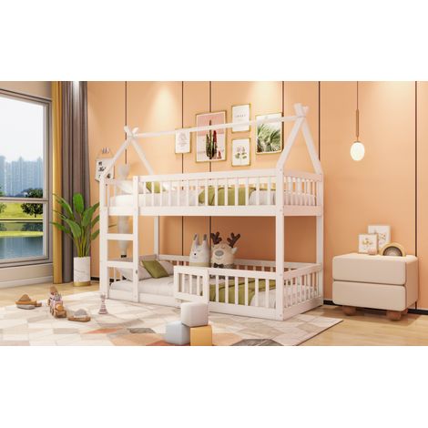 Lit superposé enfant 90x200 cm, lit familial en bois massif blanc, mezzanine avec échelle, cadre robuste, design loft, 2 couchages, chambre kids. (1/5)