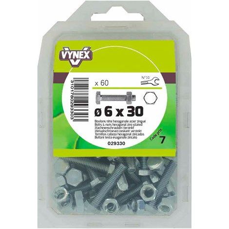 Boulon tête hexagonale acier zingué Ø 6 x L 30 mm - Paquet de 60 - Maxiburo (1/2)